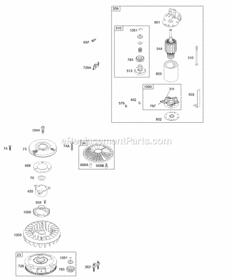 Electric Starter Flywheel Diagram and Parts List for 310707-0139-E1  Briggs and Stratton Engine